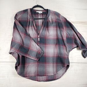 Lovestitch Gray Maroon Plaid Dolman Sleeve‎ Top Shirt 1/4 button up M